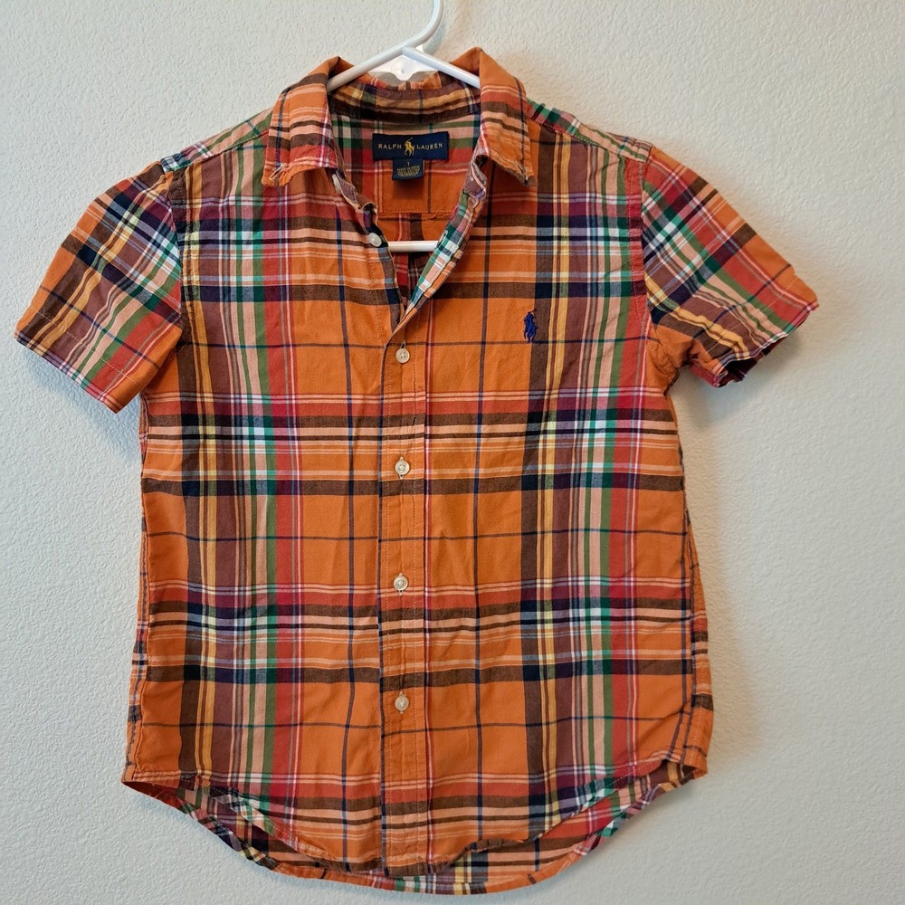 Ralph Lauren Boys Orange Plaid Short Sleeve Button Down Shirt Size 7 Cotton